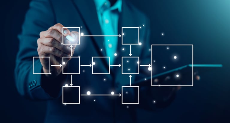 Businessman drawing virtual workflow diagram with connected boxes and arrows, digital process automation and business strategy concept, data flow management and technology innovation interface