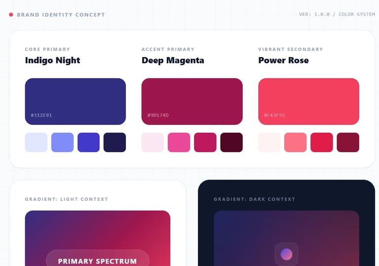 Brand identity color palette showing core and accent primary colors including Indigo Night, Deep Magenta, and Power Rose with color swatches and hex codes